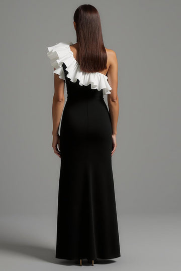 One Shoulder Ruffled Black and White Sheath Formal Dress